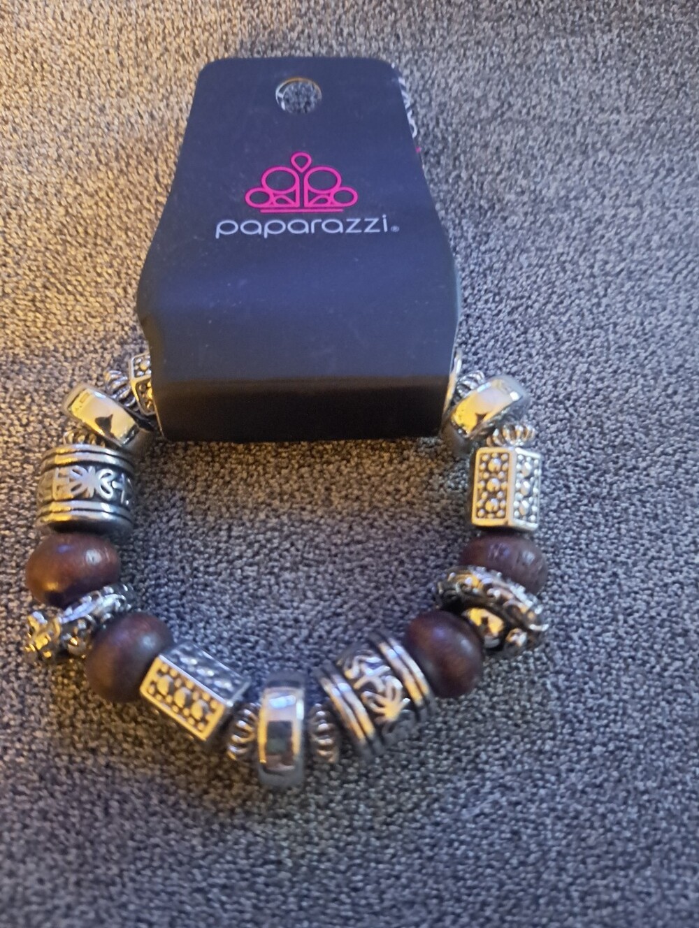 Paparazzi Brown Wood and Silver Decorative Bead Bracelet